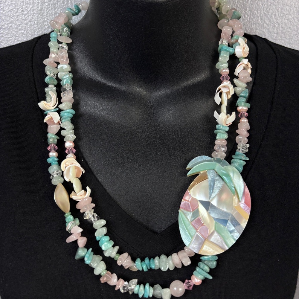 Vintage Necklace MOP Mosaic Pineapple Pink Green Soft Pastels Quartz Stones 26"